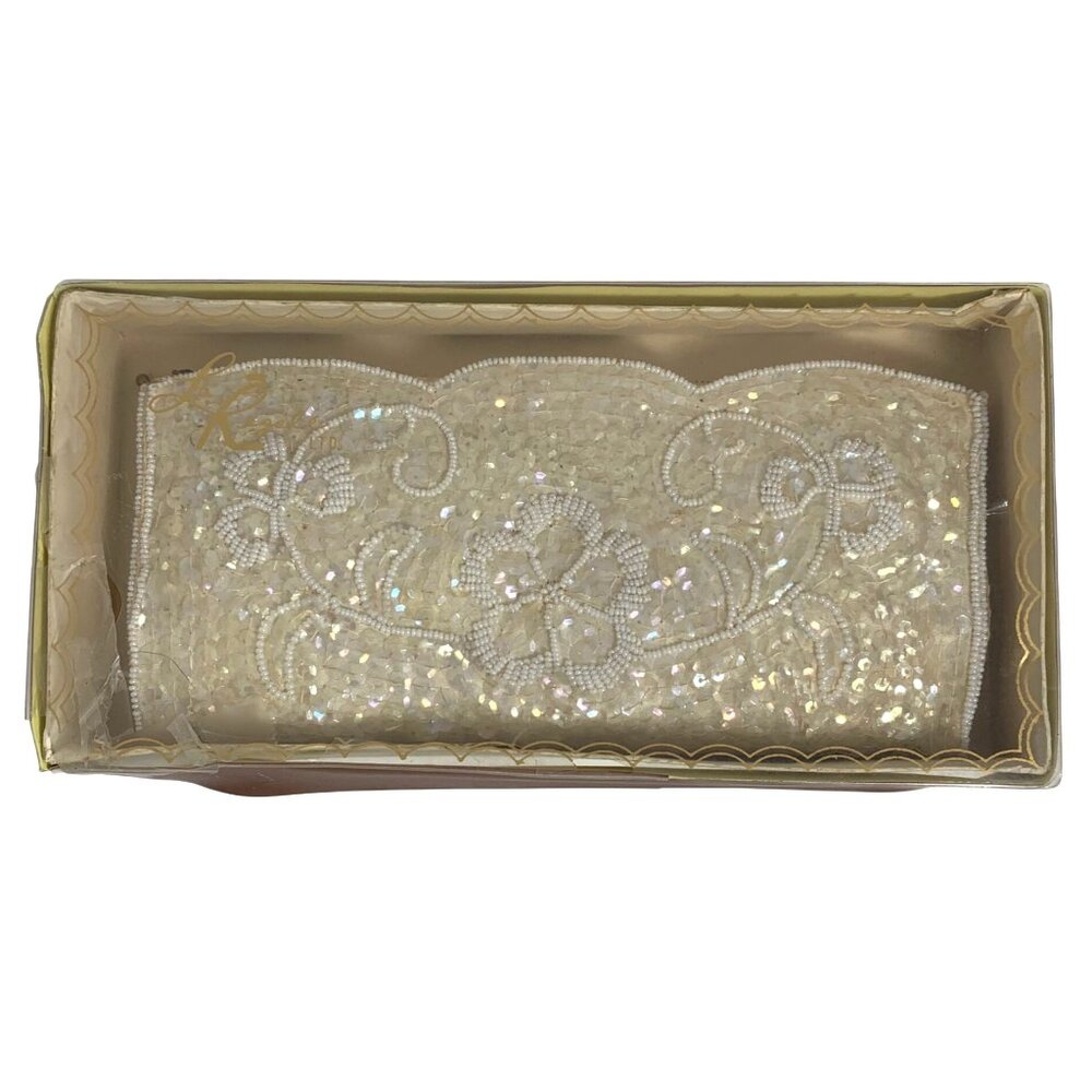 La Regale Vintage Ivory Beaded Sequin Floral Evening Clutch Purse With Box